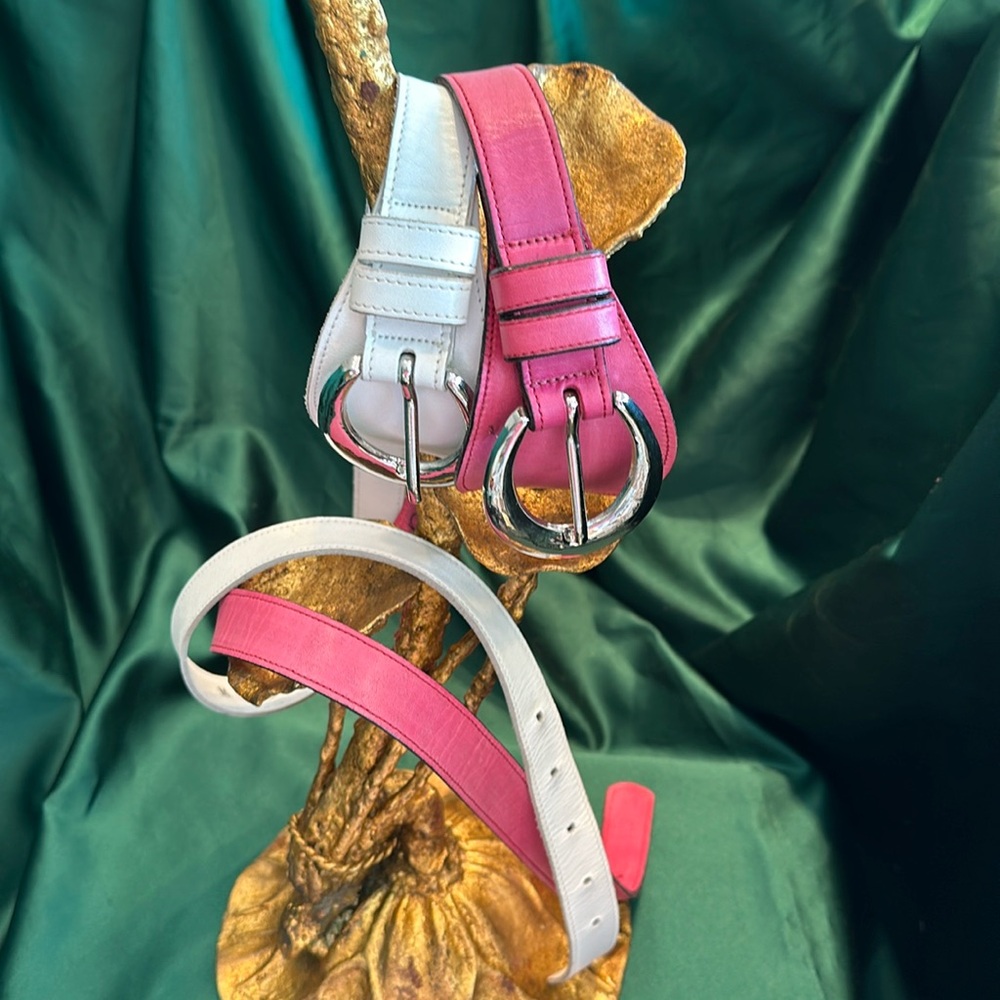Two Joan&David leather belts. Size med. Silver buckle. One white, one pink.